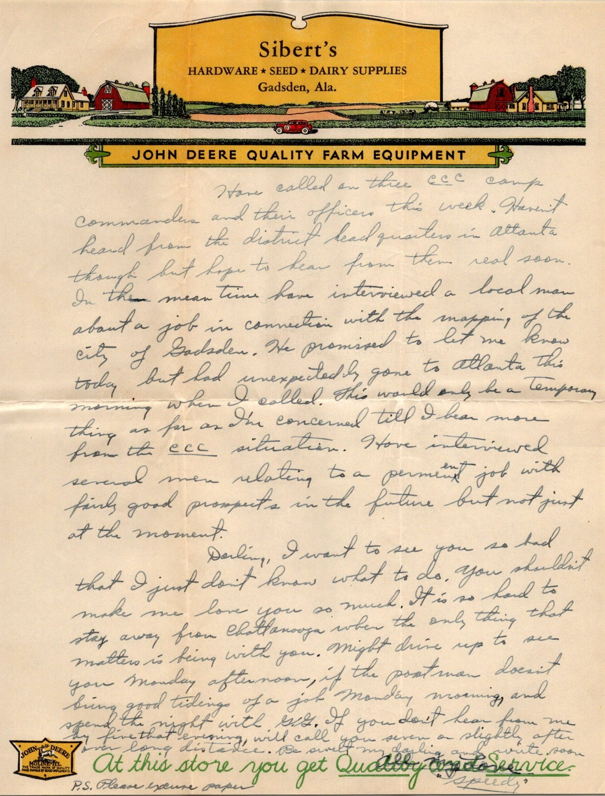 1936 John Deere Farm Equipment Sibert&rsquo;s Hardware Gadsden Al Letterhead & Cover