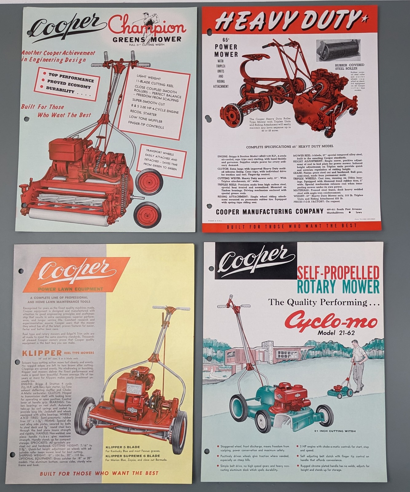 Cooper Power Mowers Brochures/Ads ~ Champion Cyclo-mo Cyclo-Vac Aladdin 60s