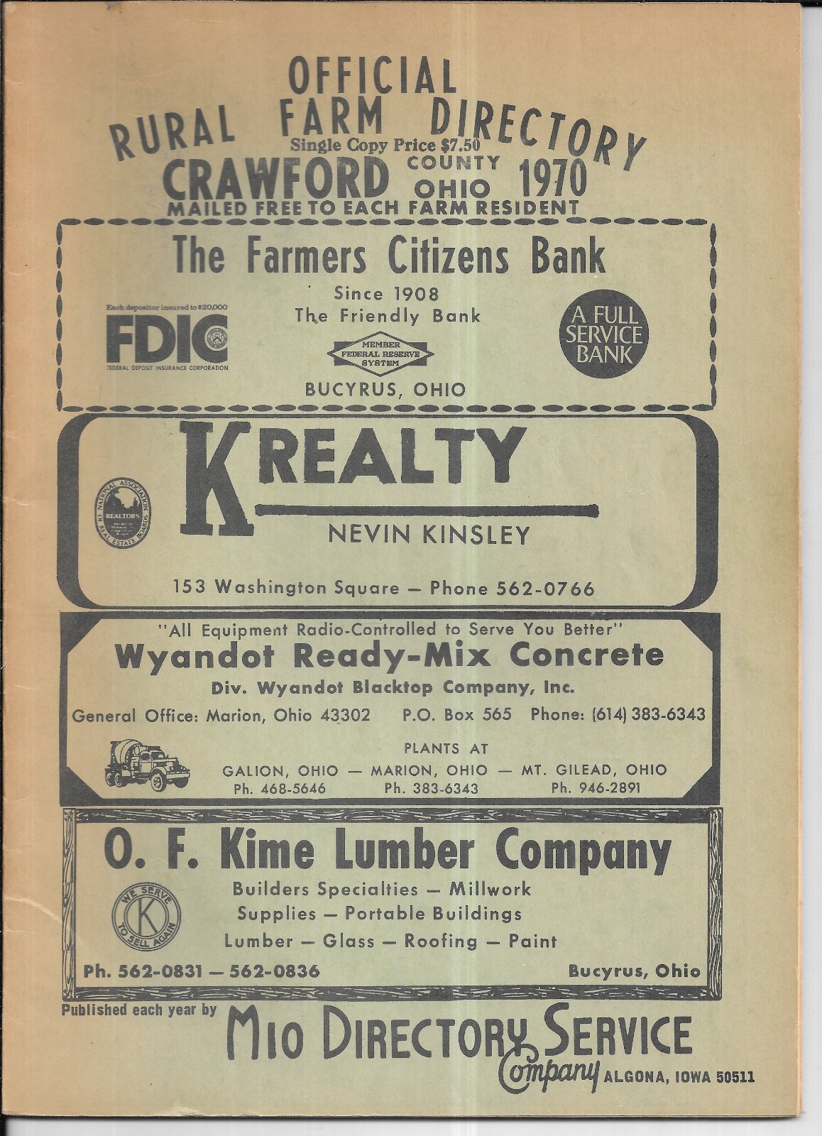 1970 OFFICIAL RURAL FARM DIRECTORY Crawford County Ohio, OH, Mio Directory