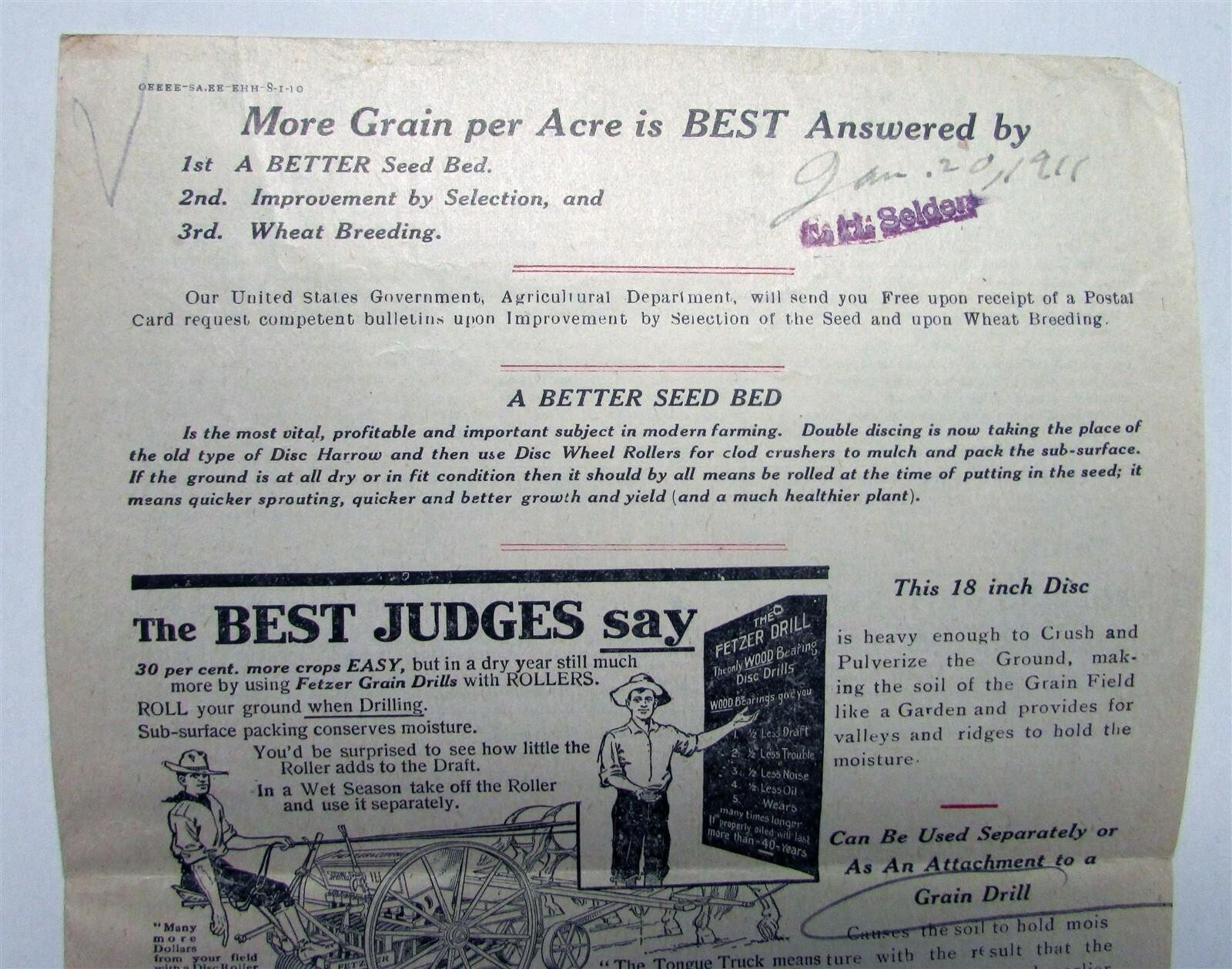1911 Fetzer Grain Drill Specifications Construction Sale Brochure