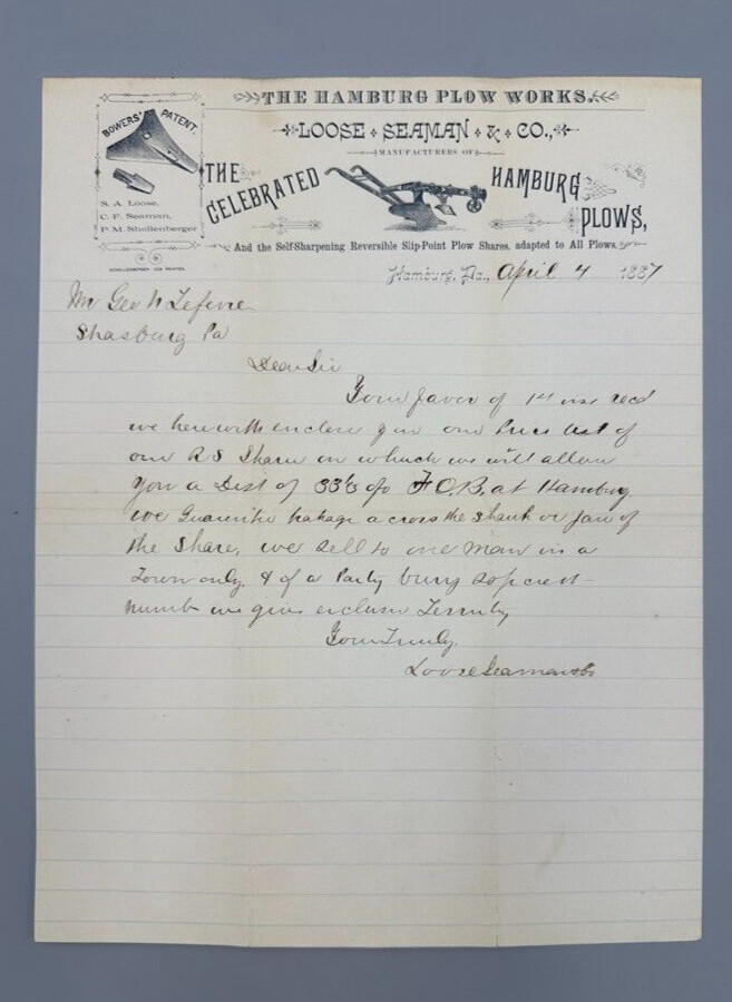 1887 HAMBURG PLOW WORKS Loose Seaman FARM Advertising Illus Letter Pennsylvania