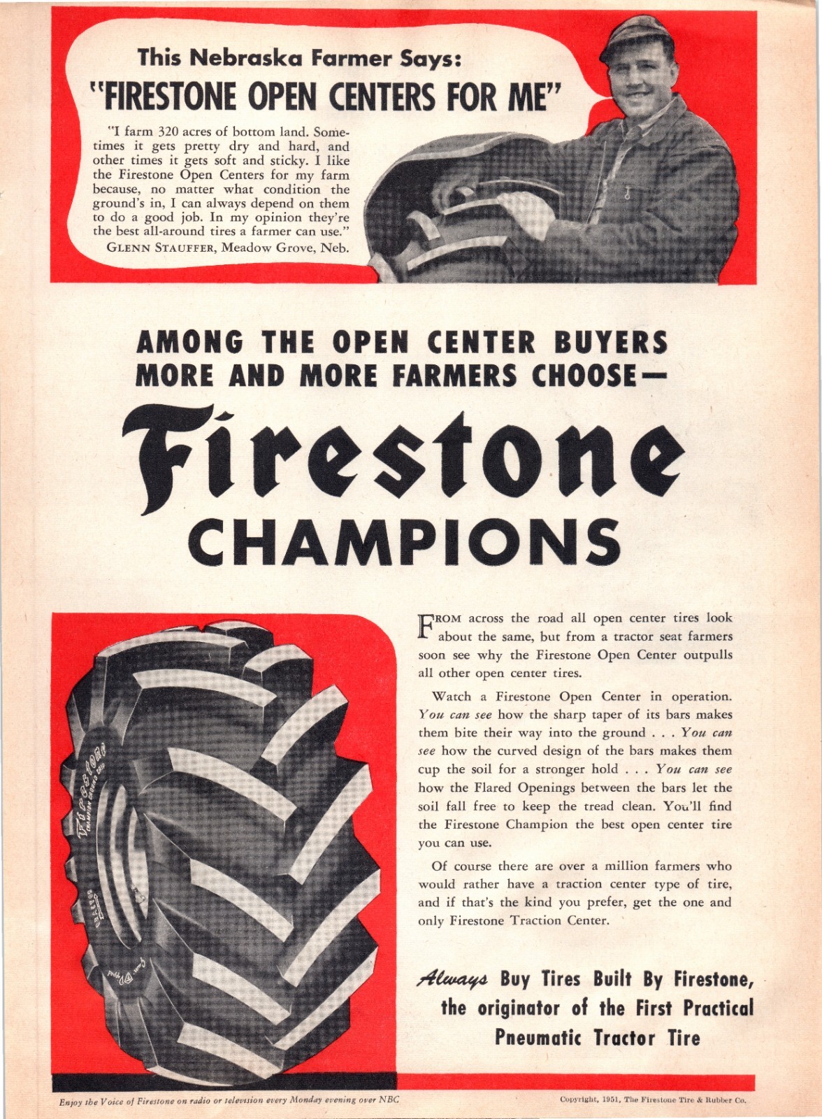 1951 Firestone Open Centers Farm Tire Nebraska 50&rsquo;s Vintage Print Ad