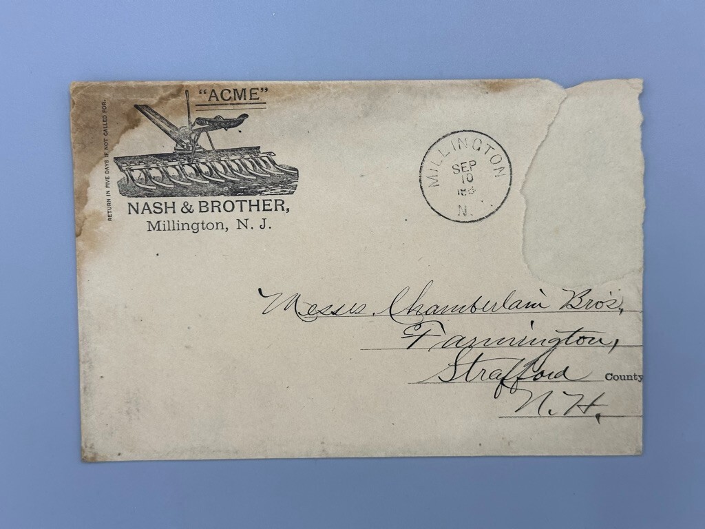 1880s ACME Nash & Brother MILLINGTON NJ Farm Advertising Envelope Partial