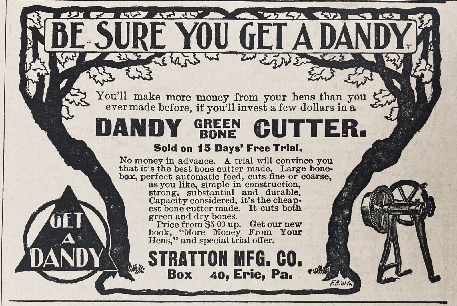 1903 AD.(XH63)~STRATTON MFG. CO. ERIE, PA. DANDY GREEN BONE CUTTER