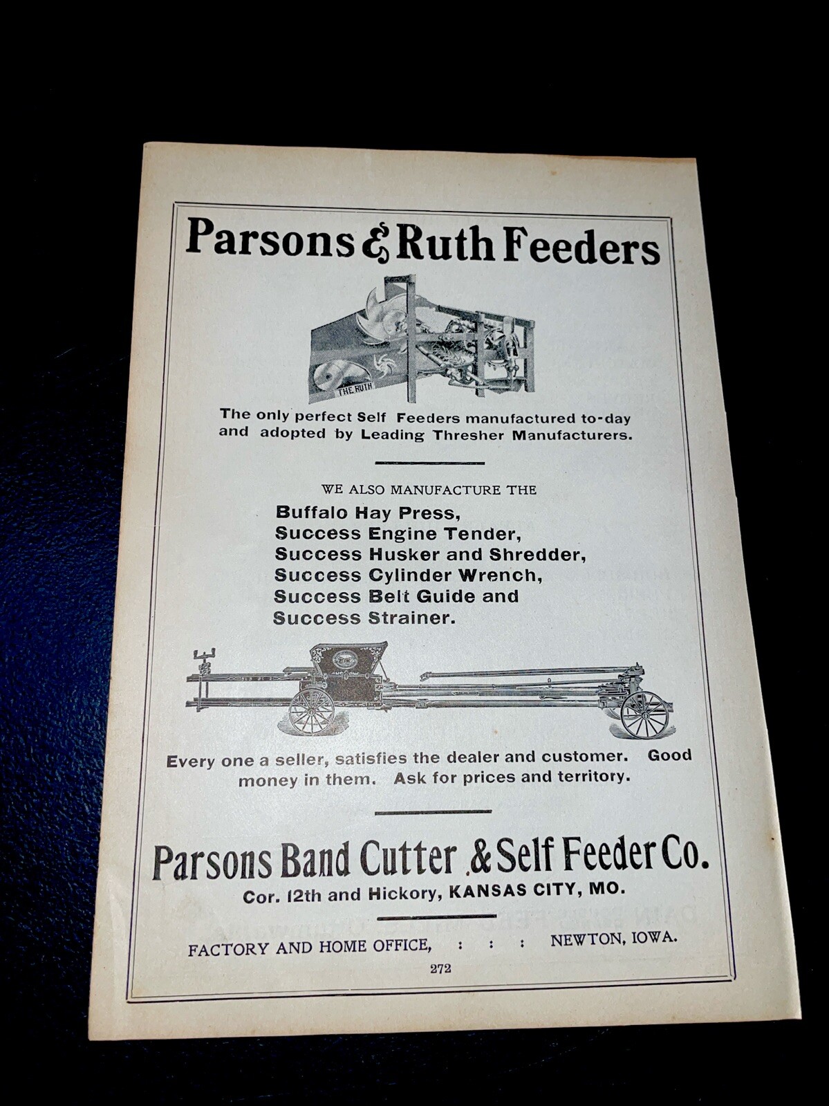 ORIGINAL 1907 Parsons & Ruth Feeders Farm Implement Advertising – Newton, Iowa
