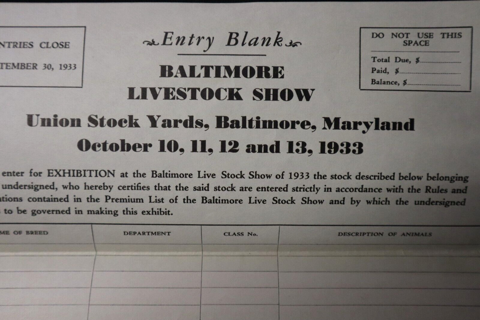 Baltimore Livestock Show 1933 Blank Entry Form & Envelope