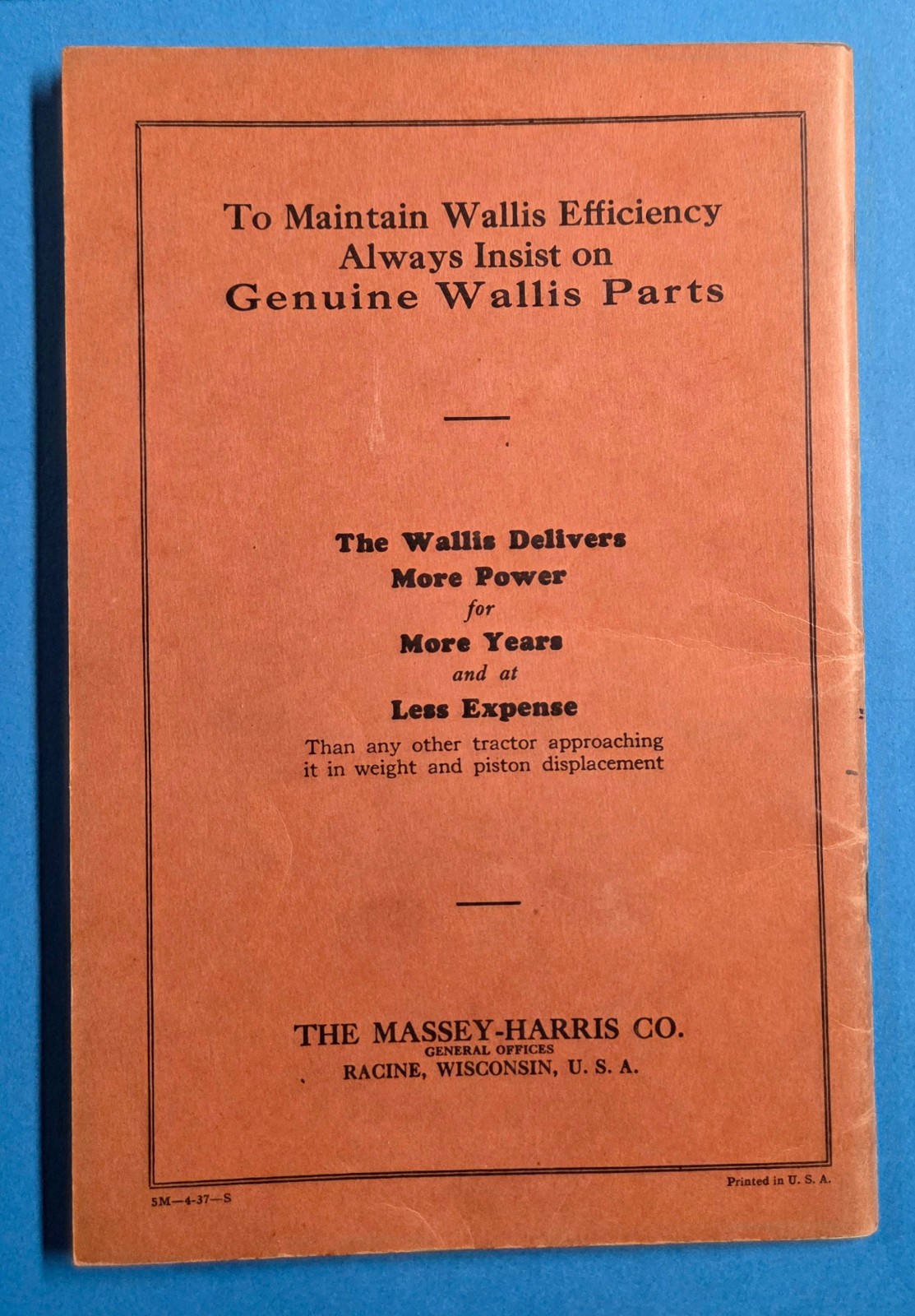 Antique Wallis Tractor Manual Parts List Catalog Massey Harris 1937