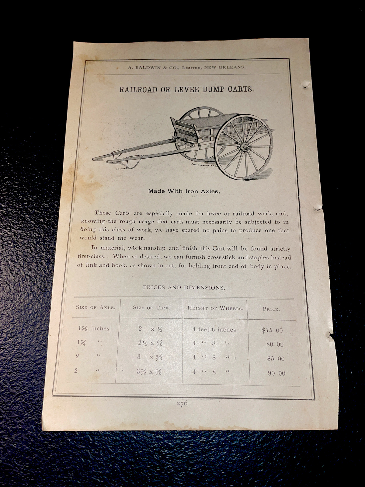 1891 Baldwin – Railroad/ Levee Dump Cart – Farm Advertising – New Orleans