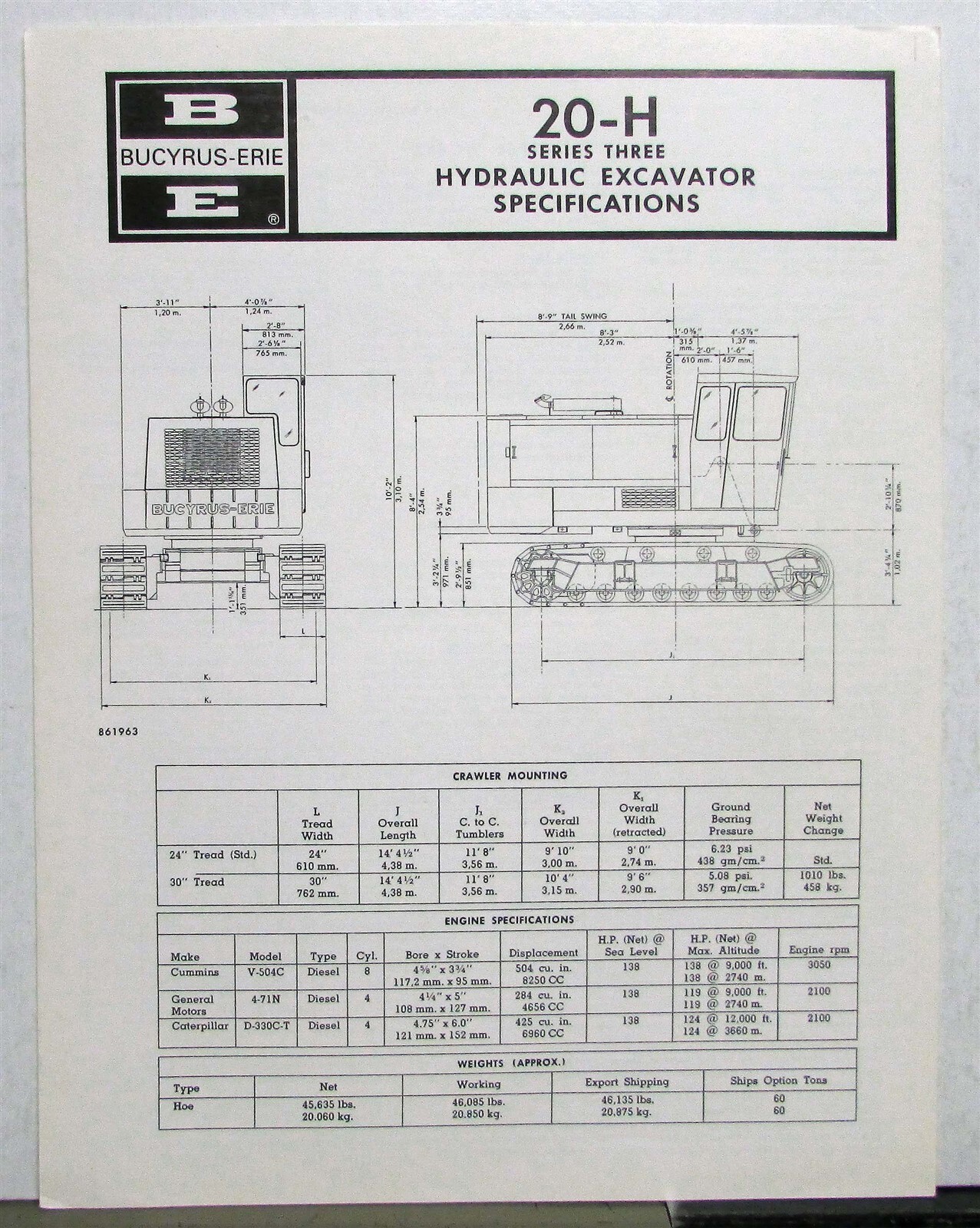 Bucyrus Erie Hydraulic Excavator Series 3 20 H Construction Specs Tri-Folder