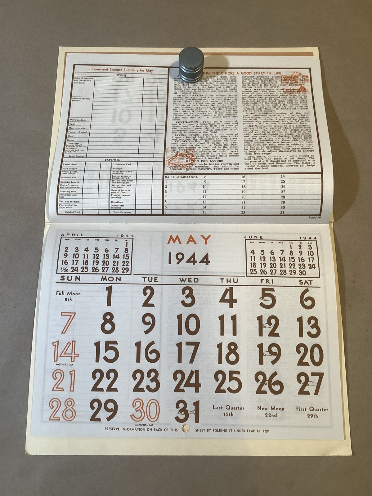 1944 Muntz-McLaughlin Co. Farm Inventory Calendar Holgate OH INV-P0547