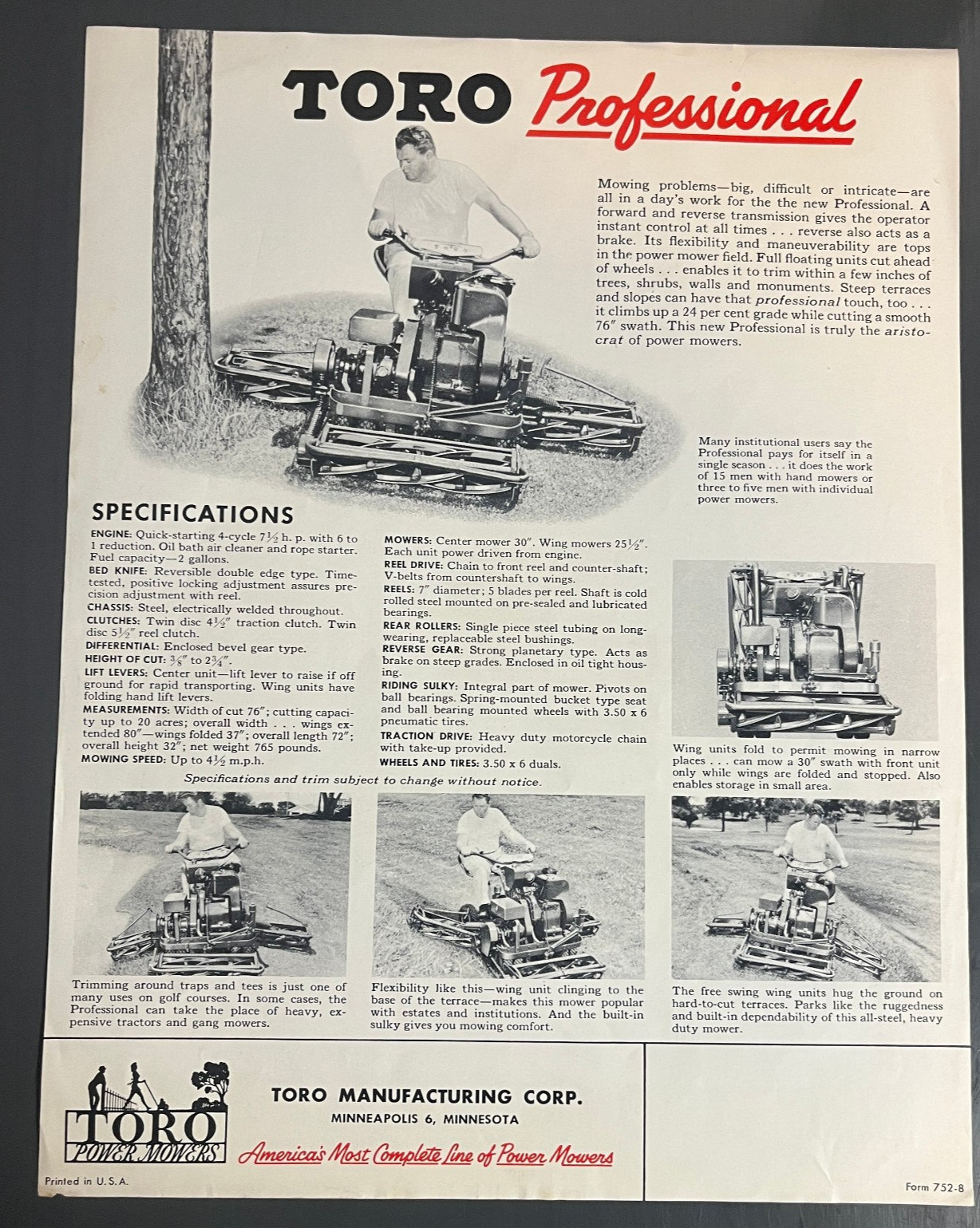 1952 TORO MANUFACTURING CORP 76-INCH PROFESSIONAL LAWN MOWER COLOR SPEC SHEET