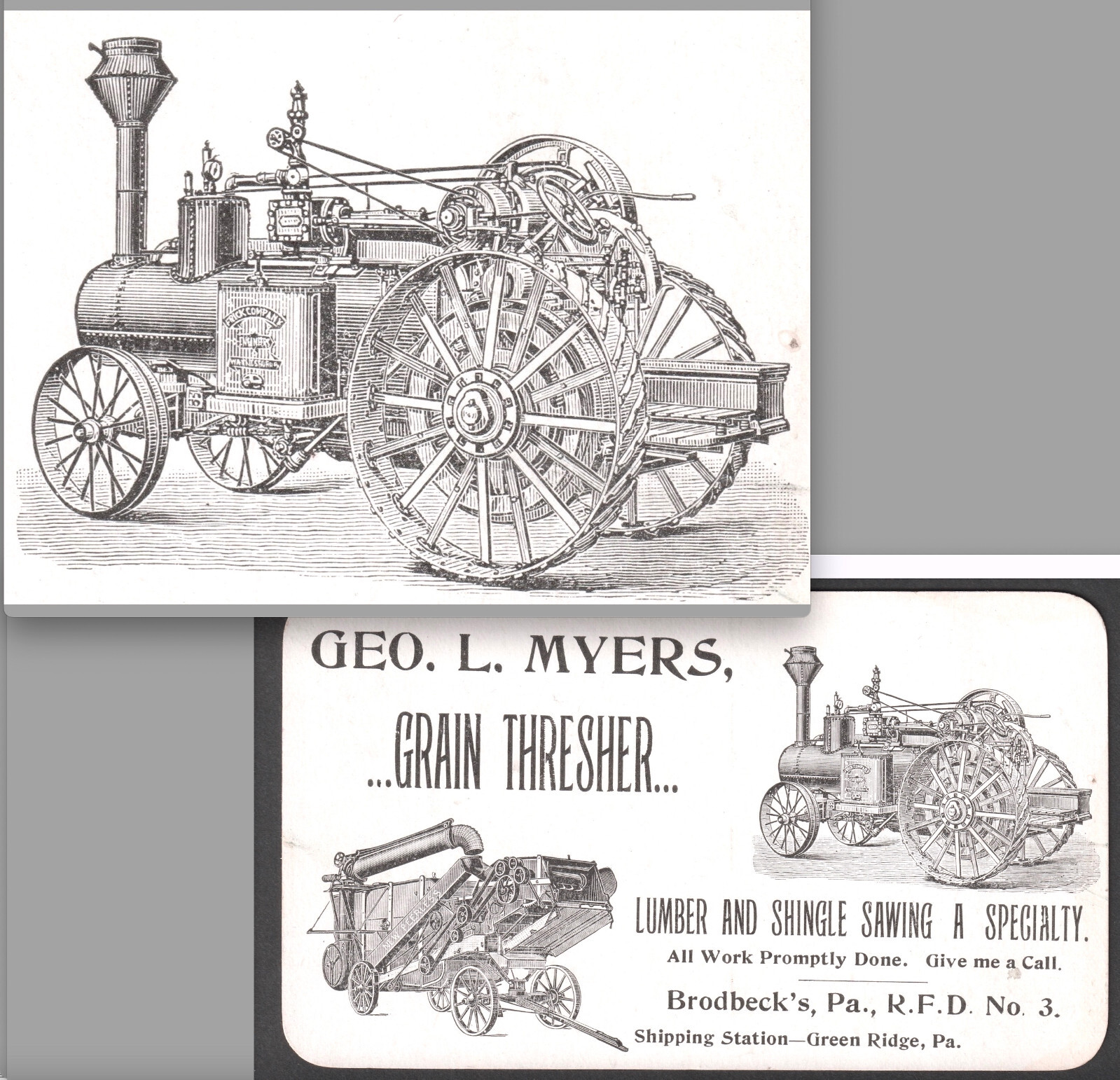 Antique Frick Tractor Steam Traction Engine Myers Grain Thresher Farm Trade Card
