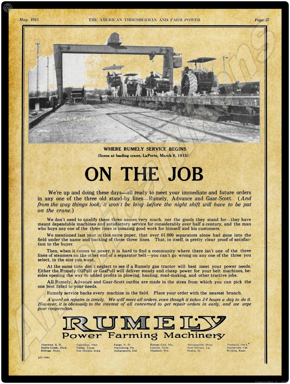 1915 Rumely Machinery New Metal Sign: La Porte, Indiana – Loading Dock Scene