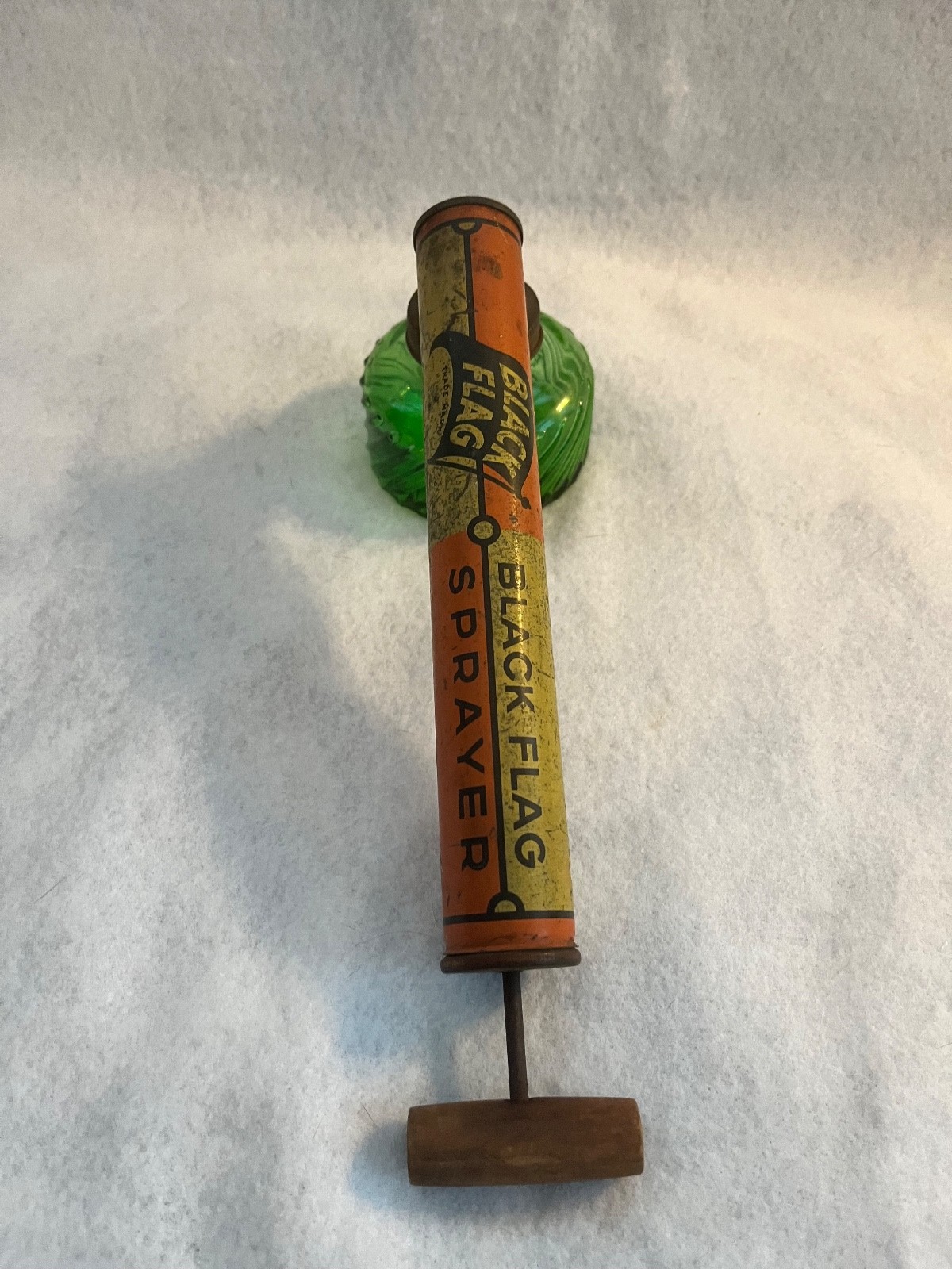 Vintage Black Flag Pump Sprayer With Green Glass Bowl