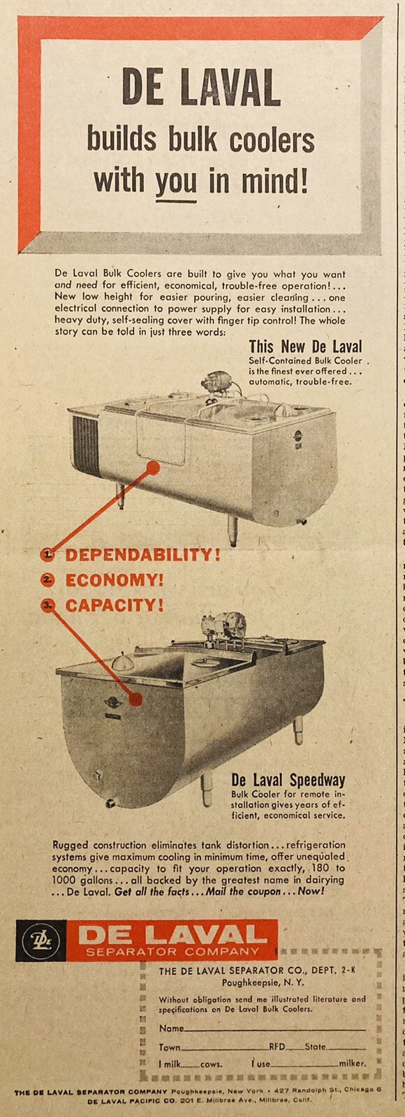 1956 AD.(XH80)~DE LAVAL SEPARATOR CO. POUGHKEEPSIE, NY. DE LAVAL BULK COOLERS