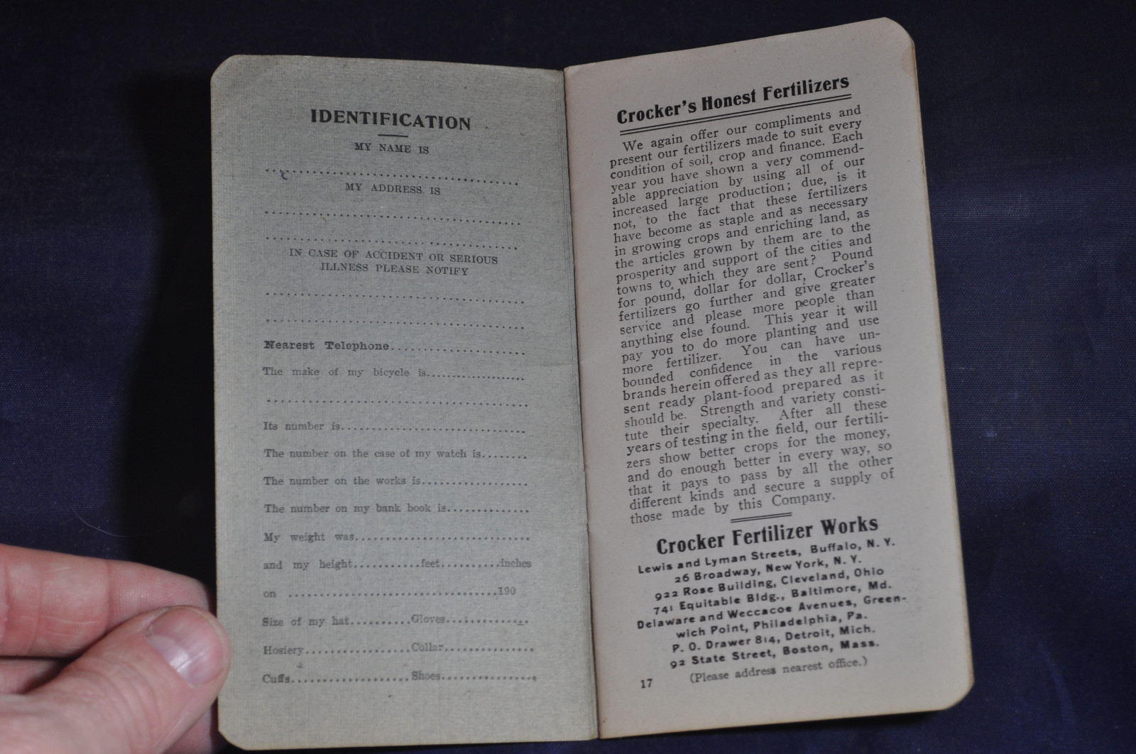 1907 Crockers Brands Honest Fertilizers Notebook, Keeseville NY
