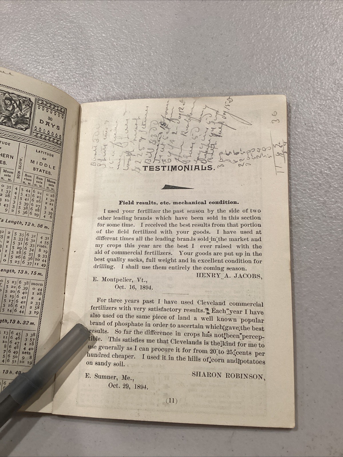 1895 The Cleveland Dryer Co Perfect Drilling Blood Bone Fertilizer Calendar Book
