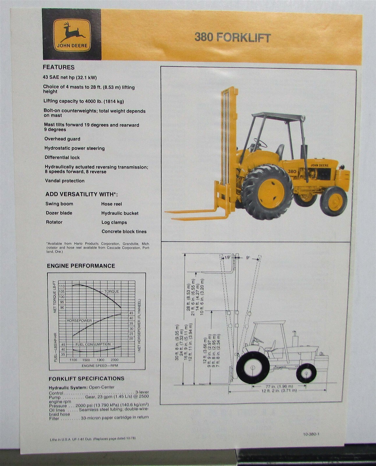 1979 John Deere 380 Forklift Specifications Construction Sales Brochure