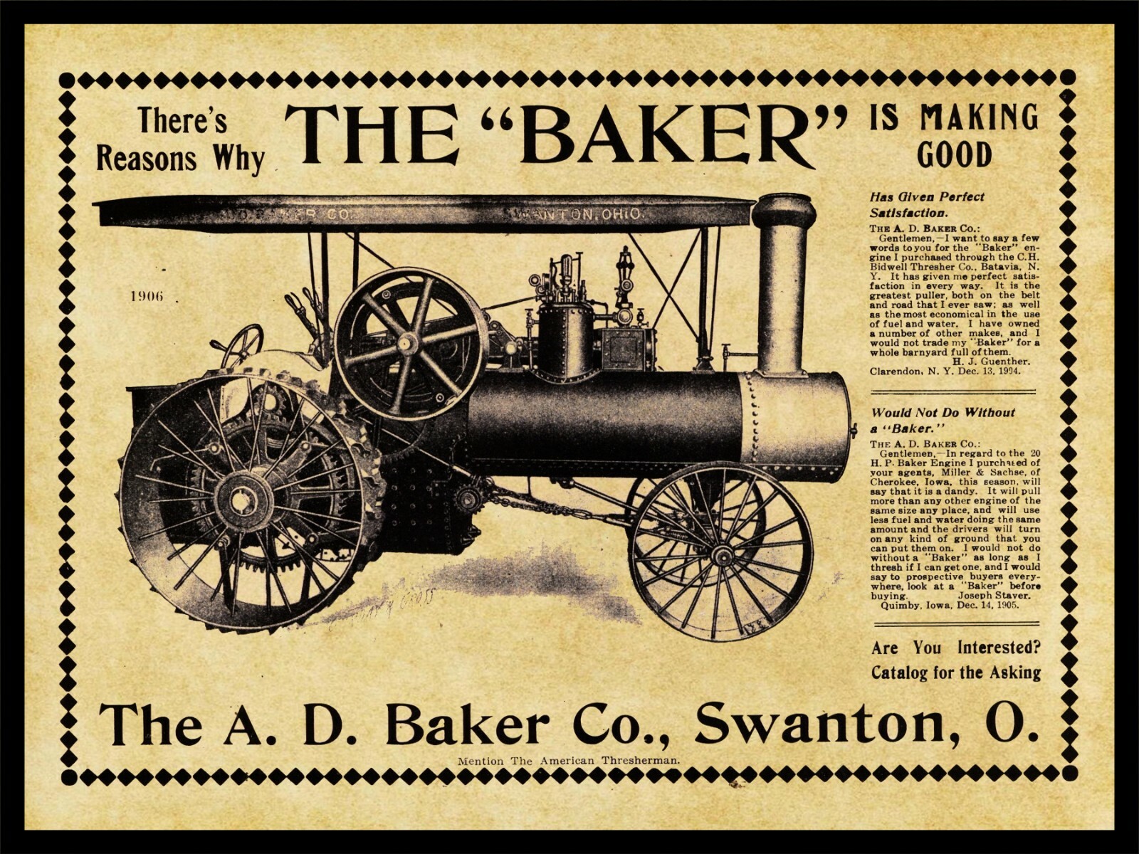 1906 A.D. Baker Traction Engine NEW Metal Sign: Swanton, OhiO