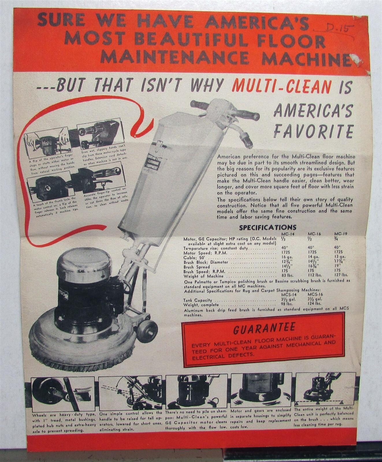 1930s M&C Maintenance Multi-Clean Floor Maintenance Machine Specs Sales Folder