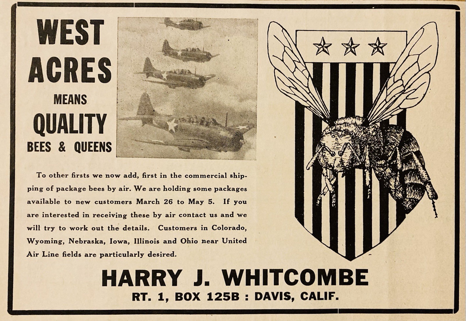 1948 AD.(XH87)~HARRY J. WHITCOMBE, DAVIS, CA. WEST ACRES QUALITY BEES & QUEENS