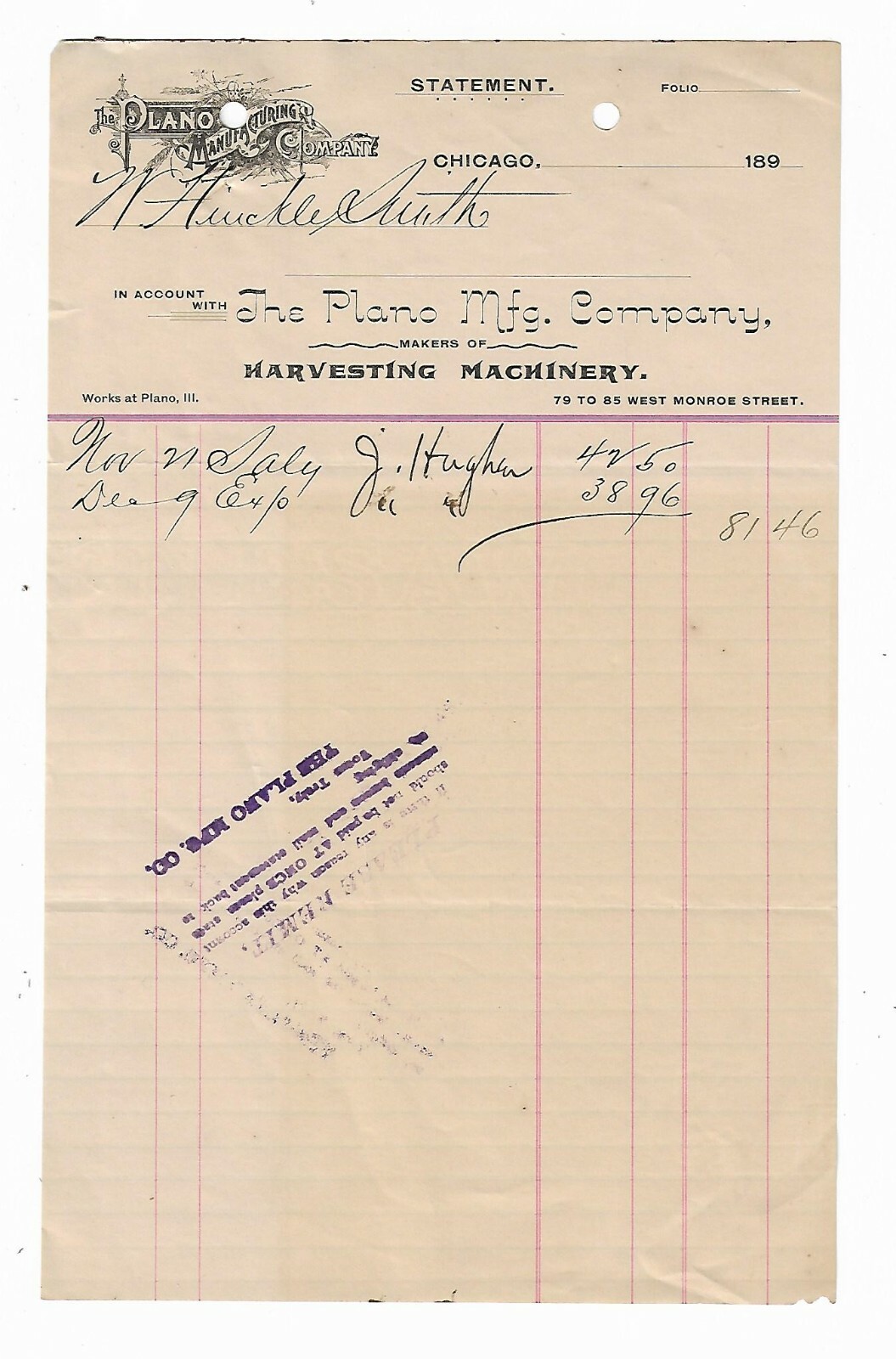 1890&rsquo;s Invoice Plano Mfg Company Harvesting Machinery Chicago Illinois Farming
