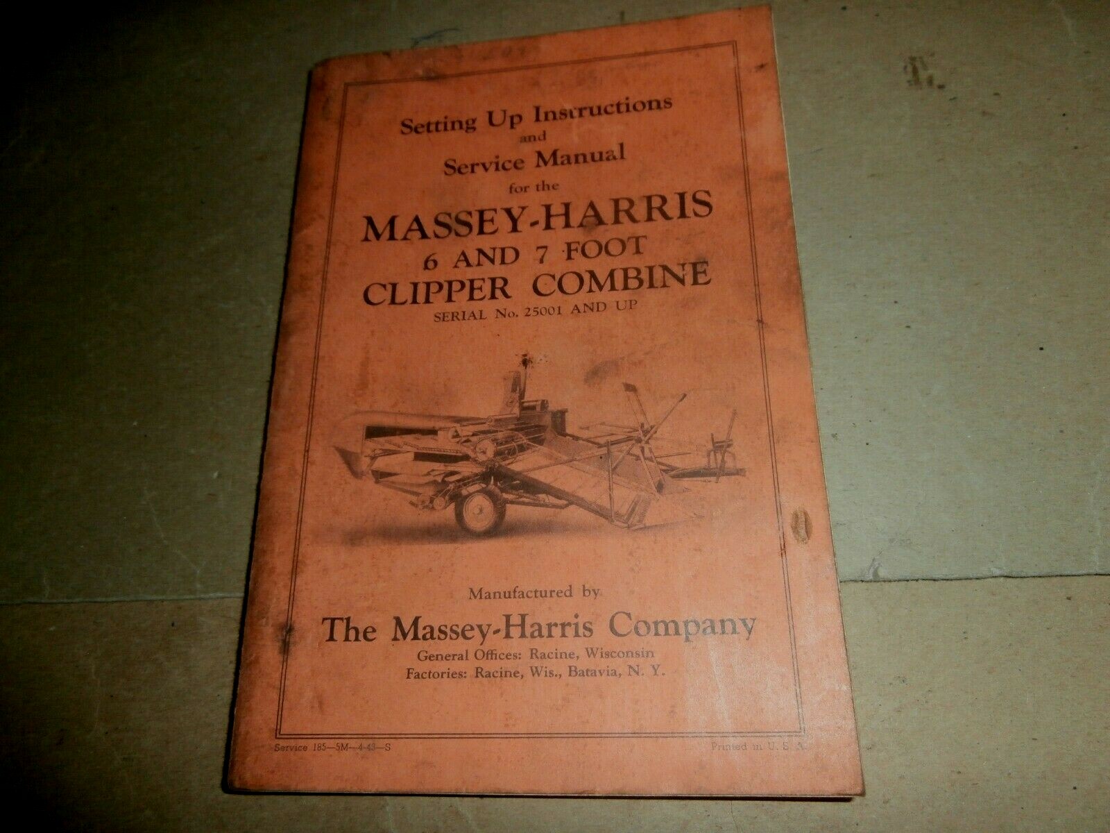 Vintage 1943 Massey Harris Service Manual Clipper Combine 6ft 7ft