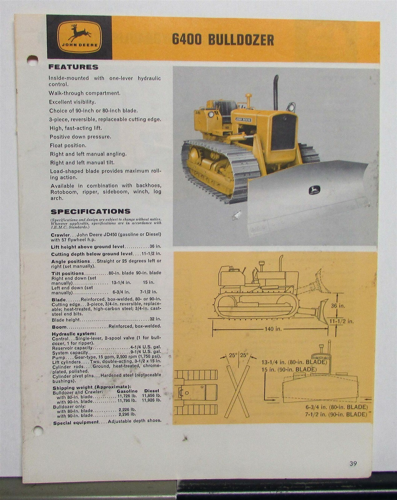 1960s John Deere 6400 Bulldozer Specifications Construction Sales Brochure