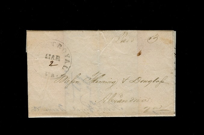 « FRONT ROYAL Va. » Black CDS & manuscript « Paid 3 » on mid-1850s folded letter