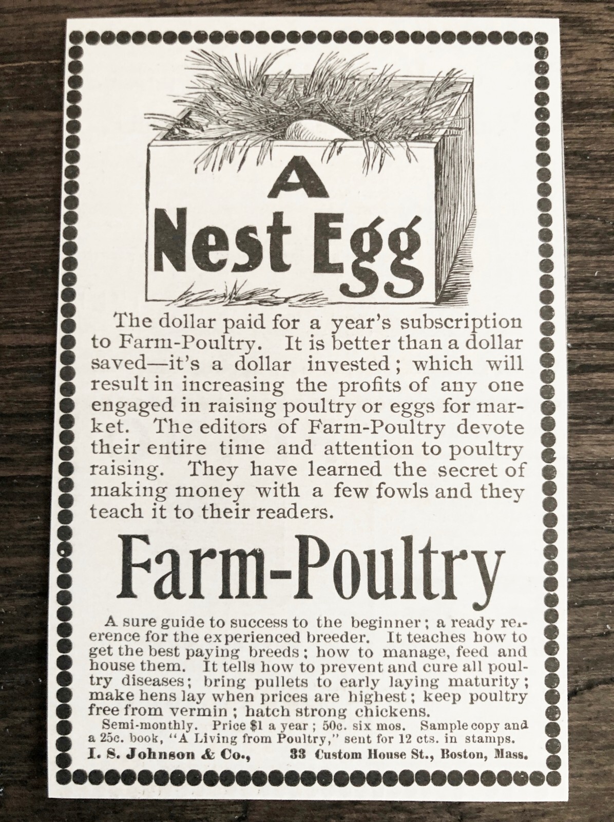 1897 FARM-POULTRY Print Ads~Vtg Magazine Subscription 4 Journal Raising Chickens