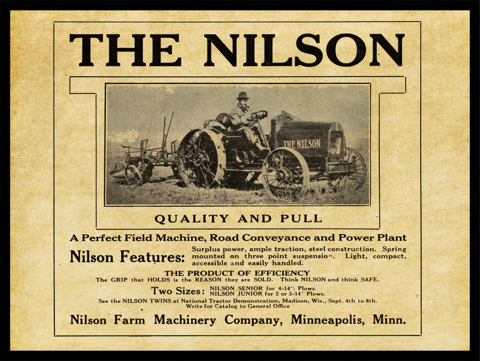 1916 Nilson Tractors of Minneapolis, MN NEW Metal Sign: 12×16 Large Size