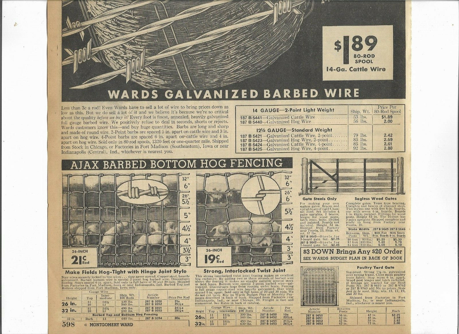 1936 Wards Catalog Ad Page CATTLE BARBED WIRE AJAX HOG FENCING HINGE JOINT
