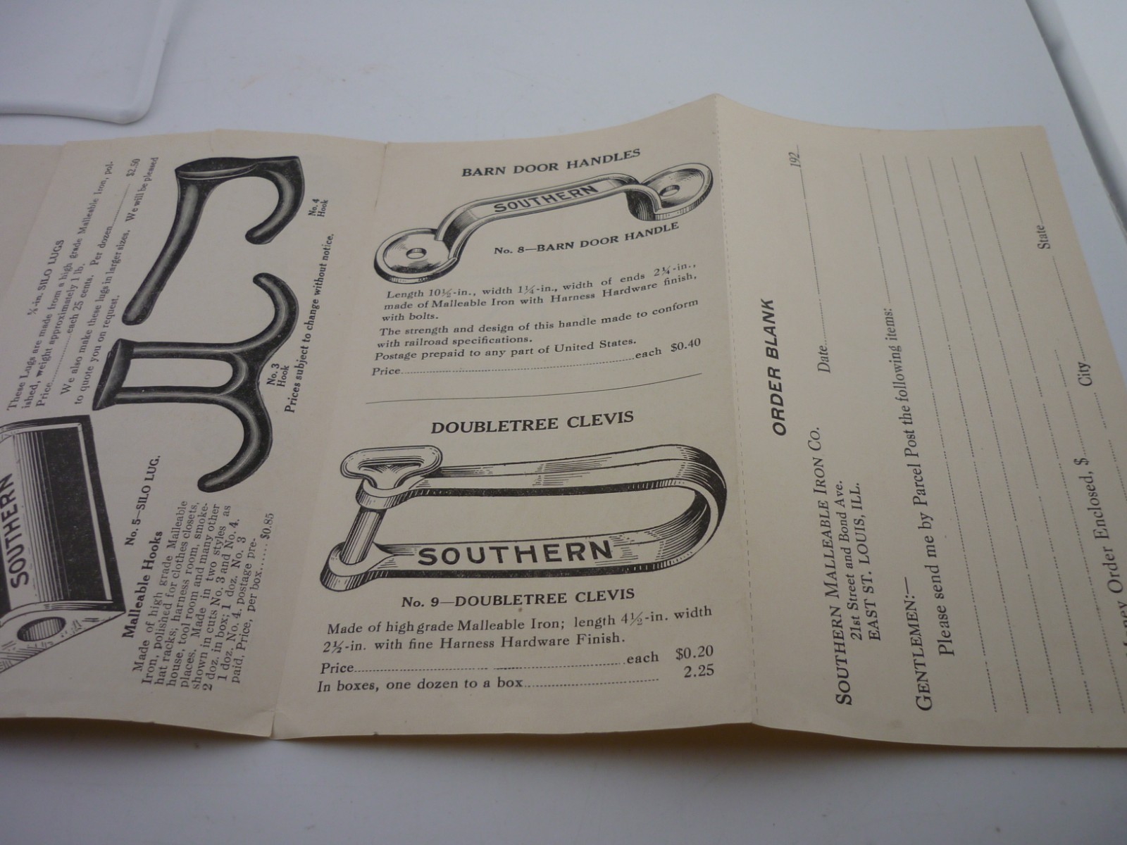 1920s Southern Malleable Iron Co Farm Hardware Trade Catalog Order Blank IL