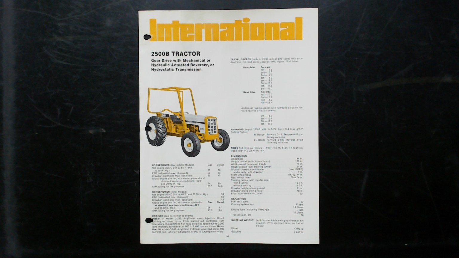 International 2500B Tractor Vintage Brochure Yellow White 1970s
