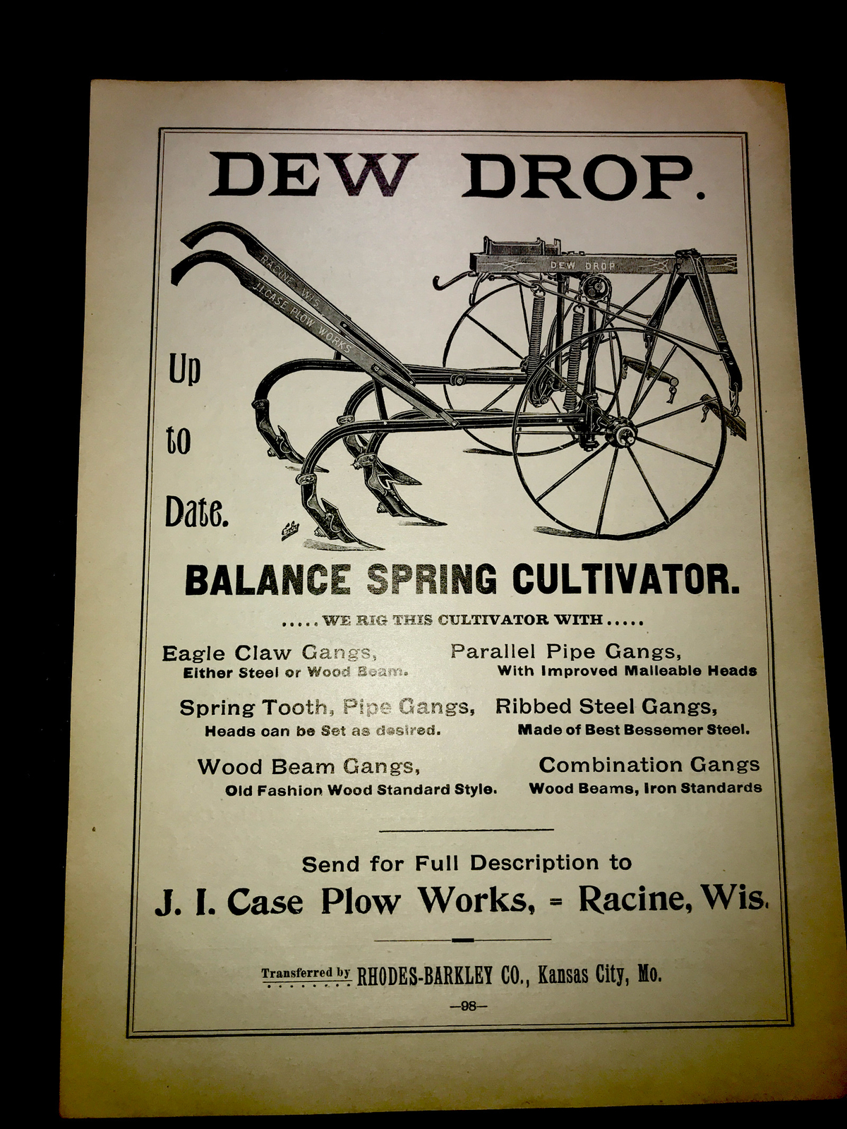 1898 Case Plow Works Dew Drop Farm Advertising – Racine – Wisconsin Kansas City