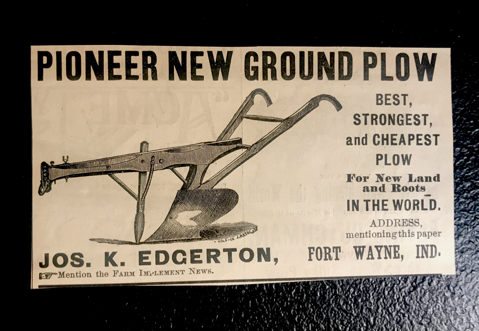 1886 Edgerton Pioneer Plow Farm Engraving Advertising – Fort Wayne – Indiana