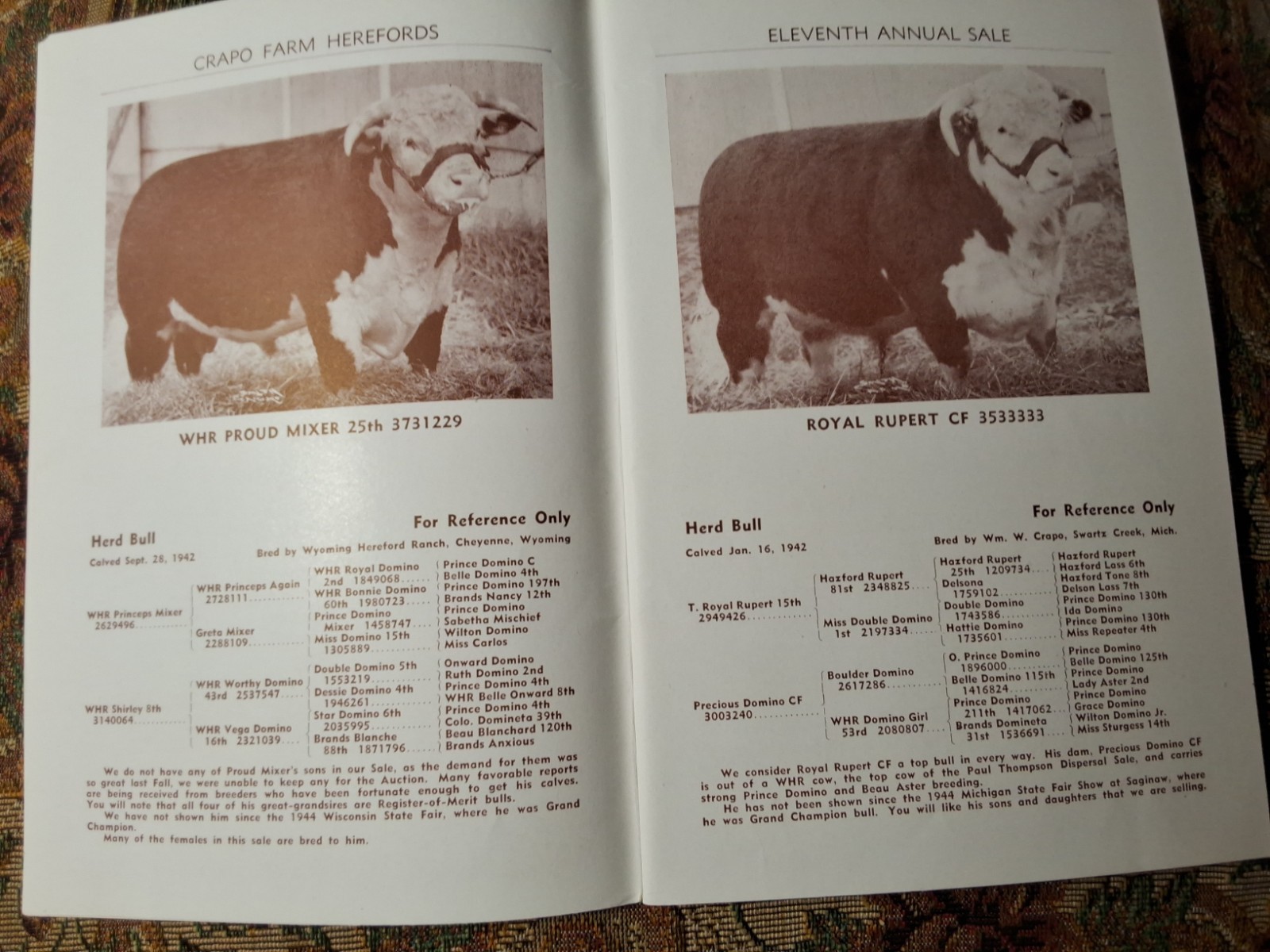 Vintage Crapo Farm Herefords Auction 1946 Sale Catalog Swartz Creek Michigan