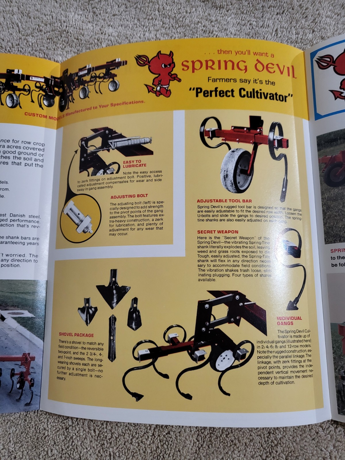 BROCHURE 1970s Spring Devil Spring-Tine Tractor Cultivator Lake View IA. AG Farm