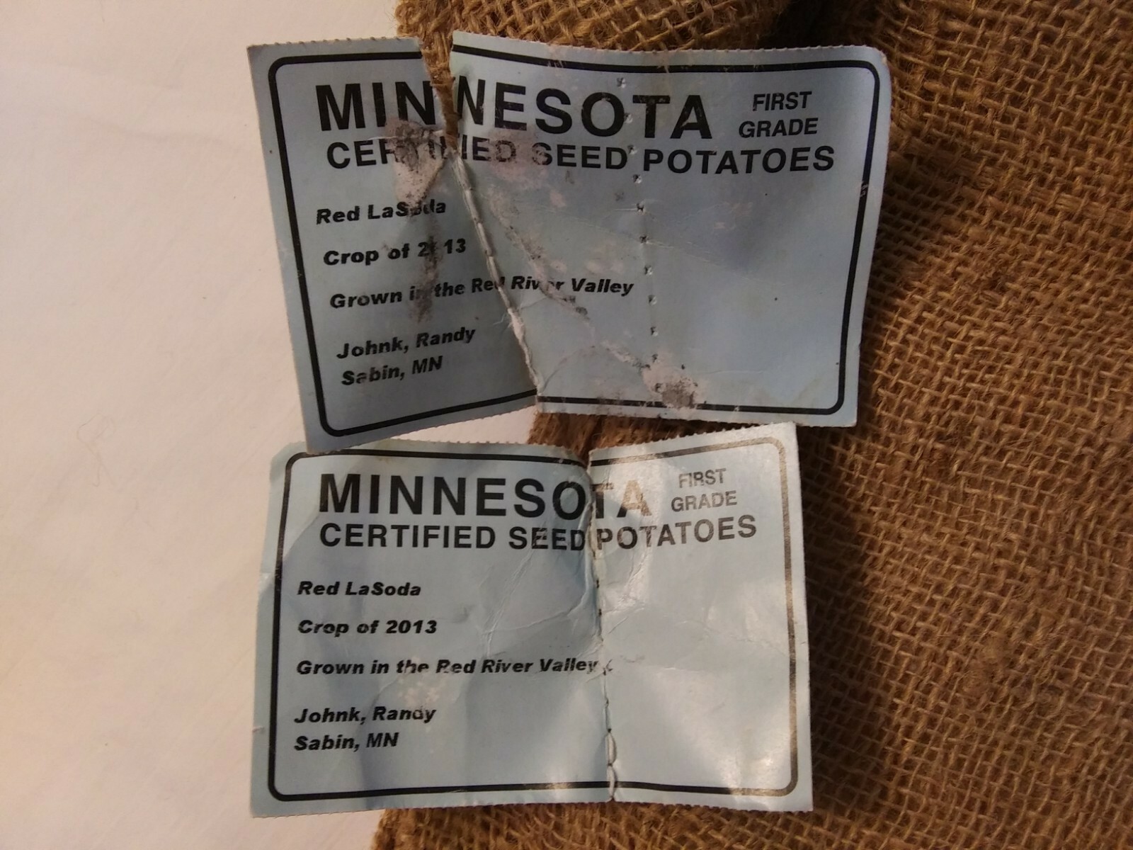 Vtg. (2) Minnesota Northern Flight Potato sacks burlap tattered torn 50 lbs