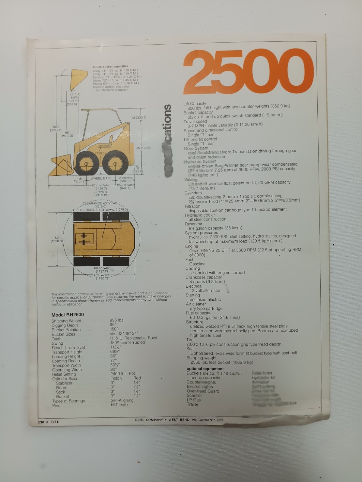 GEHL 2500 Hydraskat Skid Steer & Accessories BROCHURE DEALER Advertising