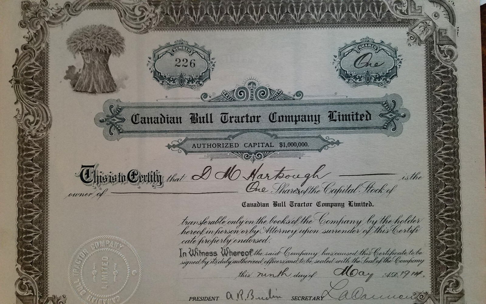 Rare Signed Hartsough Inventor 1914 Bull Tractor Stock Certificate Big Bull Farm
