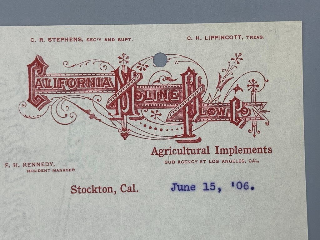 1906 CALIFORNIA MOLINE PLOW Co FARM Advertising Letter STOCKTON Antique