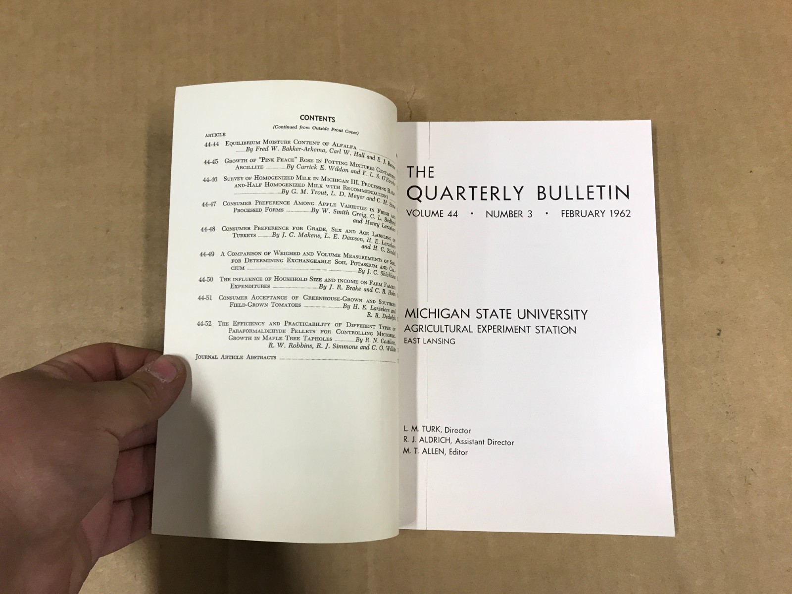 VTG Michigan State Agriculture Quarterly Bulletin – Vol. 44 No.3 – February 1962