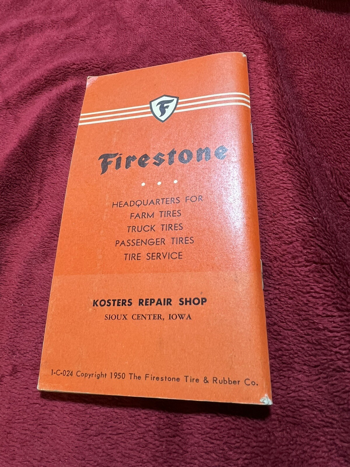 Vintage 1951 Firestone Farm Tire Notebook, Kosters Repair in Sioux Center, IA.