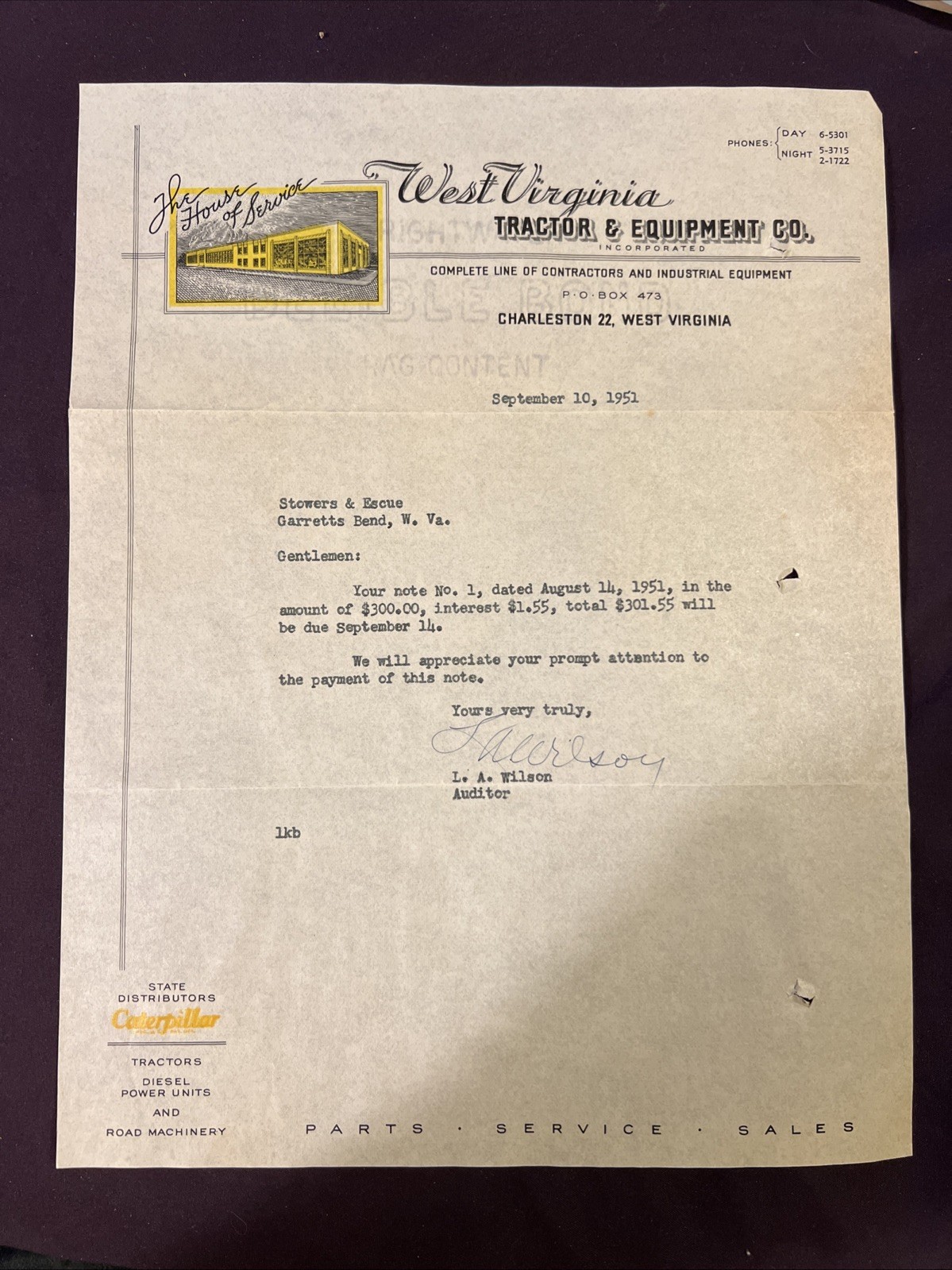 West Virginia, Tractor And Equipment Company Bill Pay Prompting September 1951