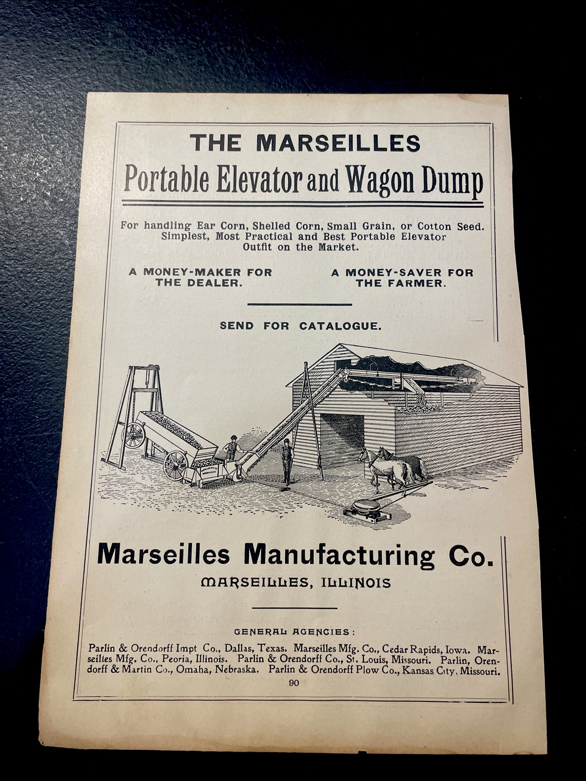 ORIGINAL 1907 Portable Elevator & Wagon Dump Farm Advertising – Marseilles, IL