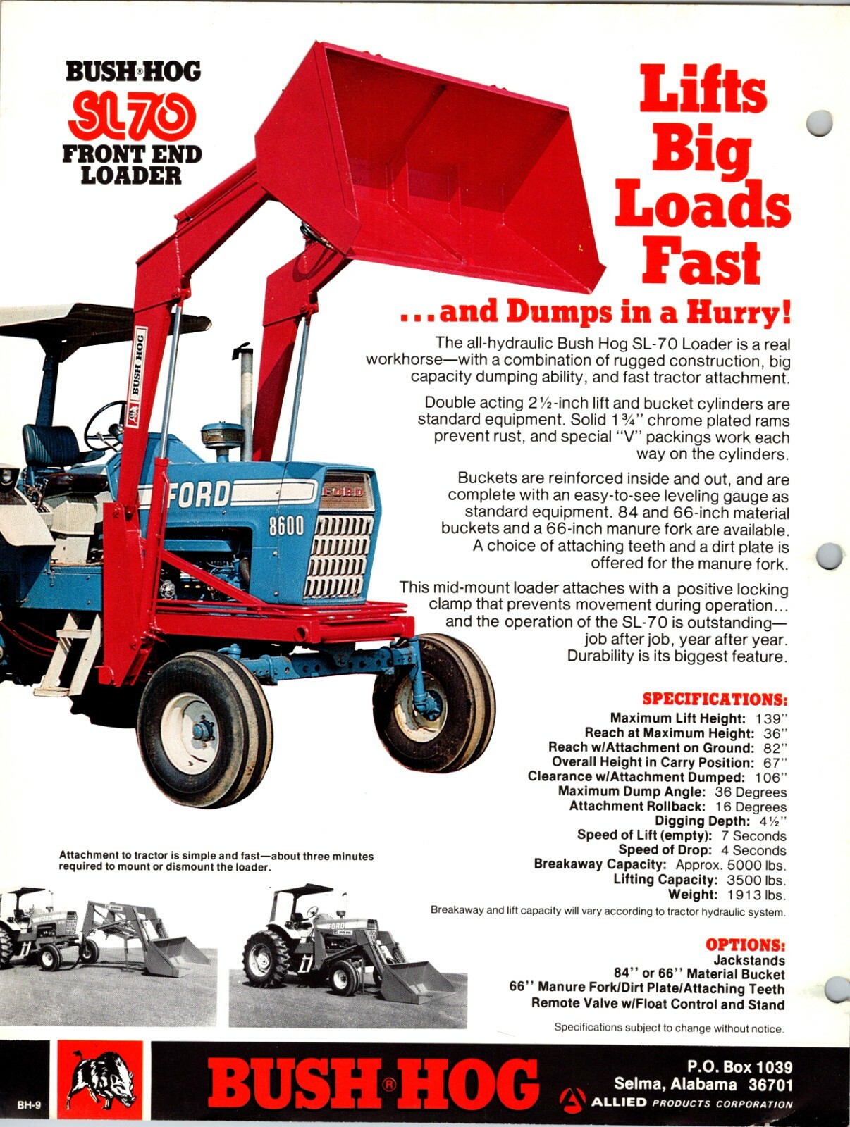 One(1) Bush-Hog SL70 Front End Loader Dealer Sales Specs Accessory Brochure