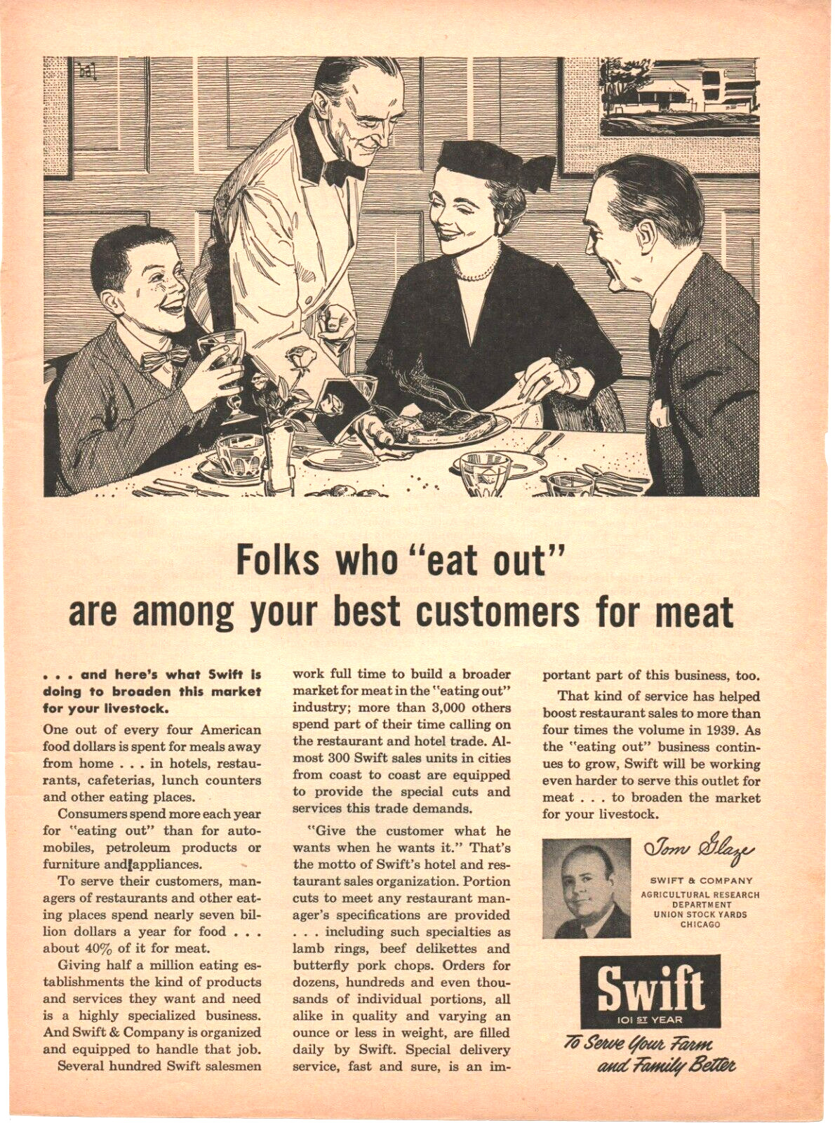 Swift Meats 1956 Vintage Print Ad 8inx11in Tom Glaze Union Stock Yards Chicago
