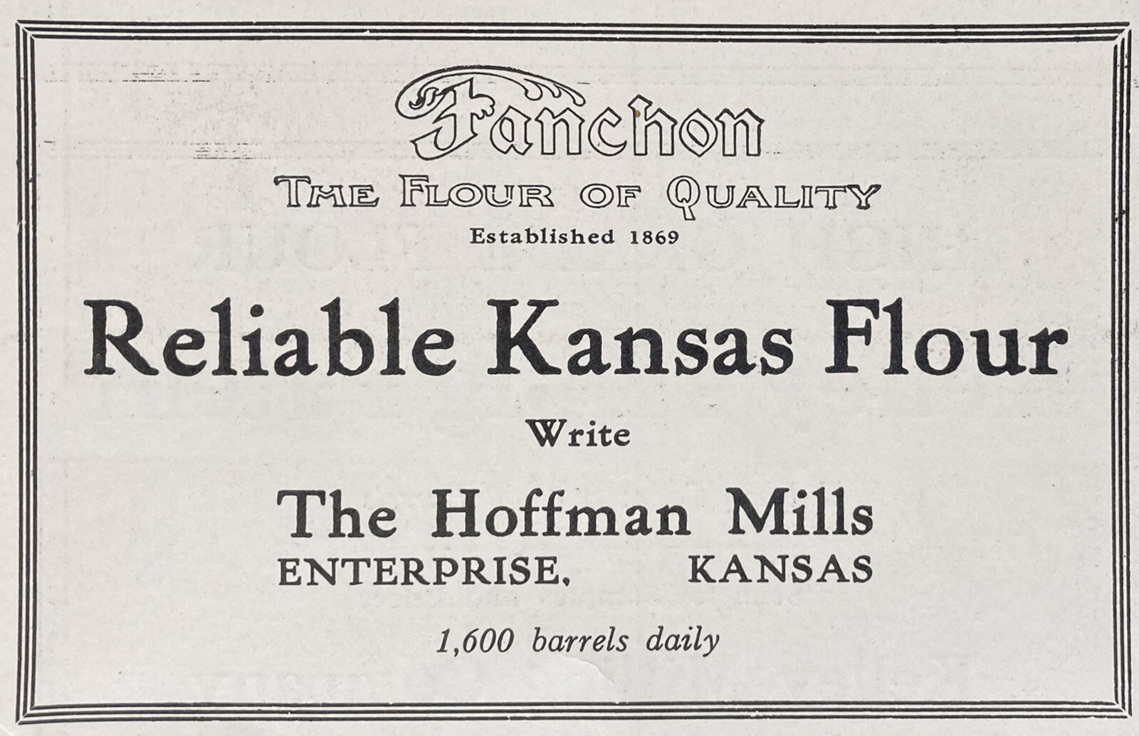 1919 AD(XH32)~THE HOFFMAN MILLS, ENTERPRISE, KS. RELIABLE KANSAS FLOUR