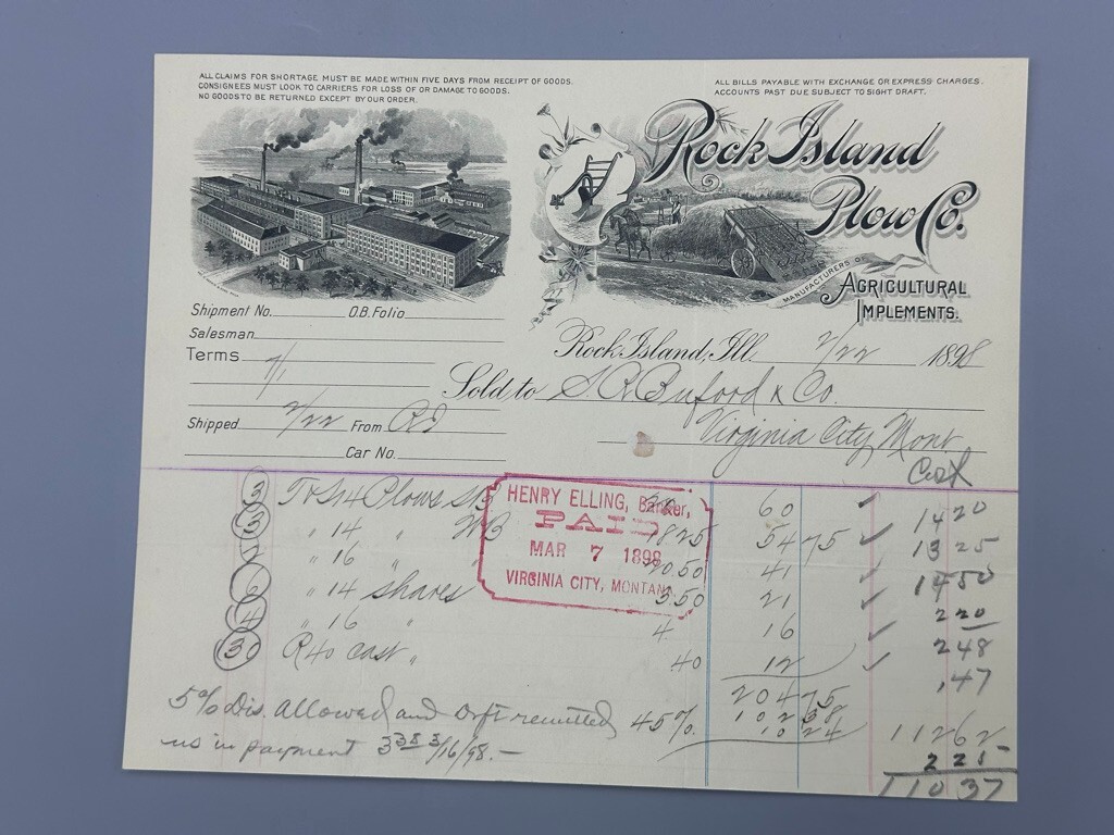 1898 ROCK ISLAND PLOW Billhead FARM Advertising Illinois